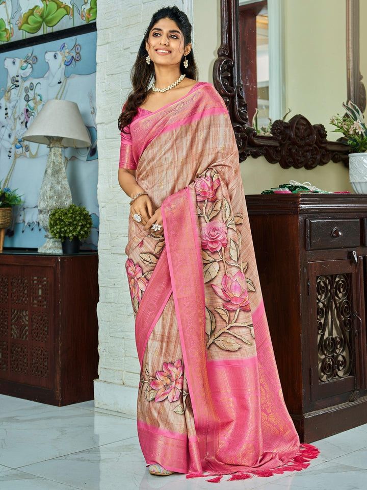 Fabulous Cream Floral Printed Silk Festive Wear Saree With Blouse