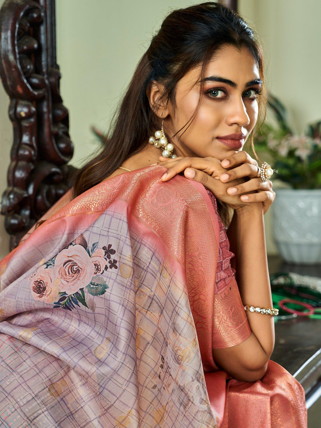 Wonderful Lavender Floral Printed Silk Traditional Saree With Blouse