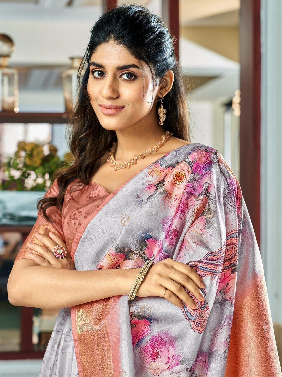 Marvelous Grey Floral Printed Silk Reception Wear Saree With Blouse