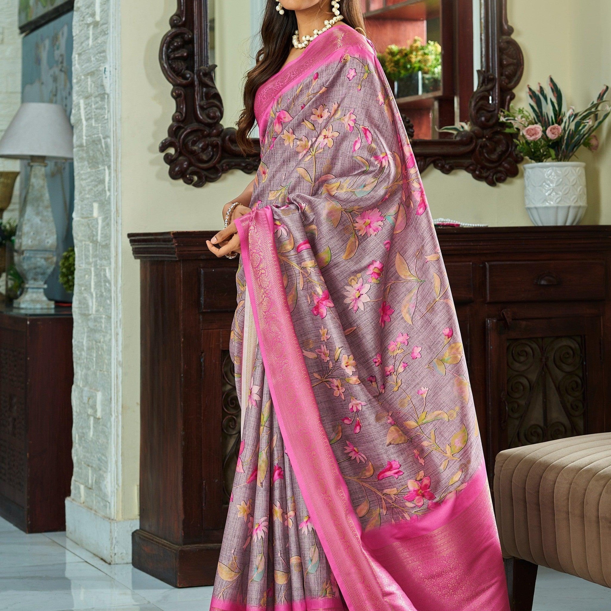 Attractive Dusty Purple Floral Printed Silk Sangeet Wear Saree