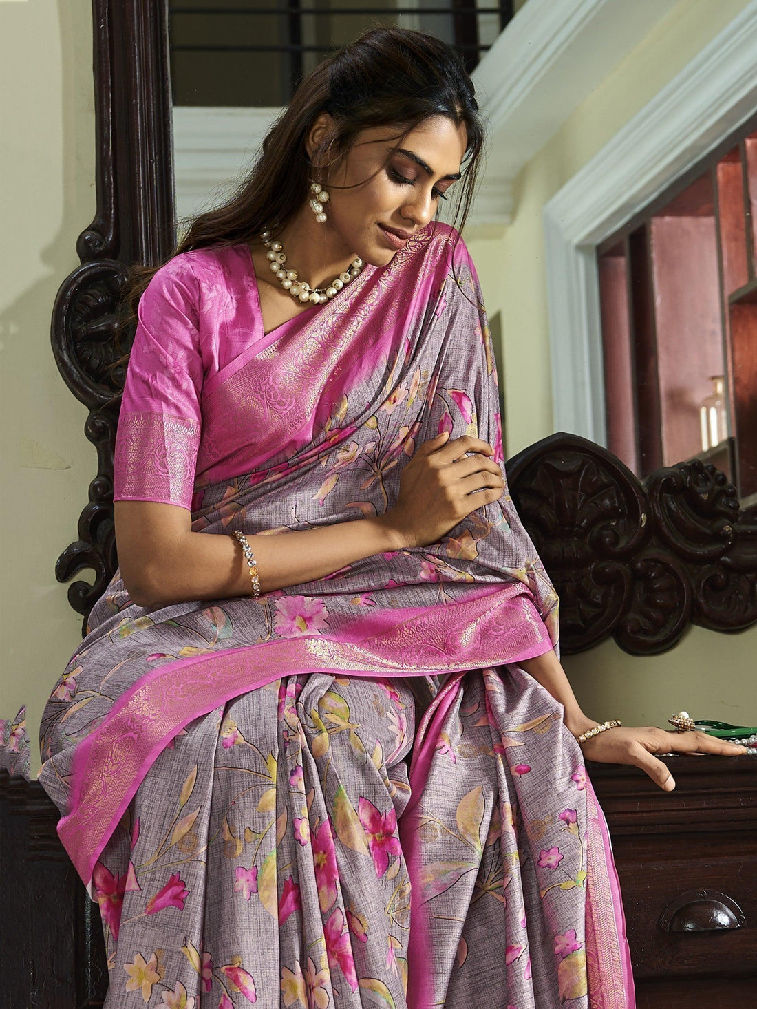 Attractive Dusty Purple Floral Printed Silk Sangeet Wear Saree