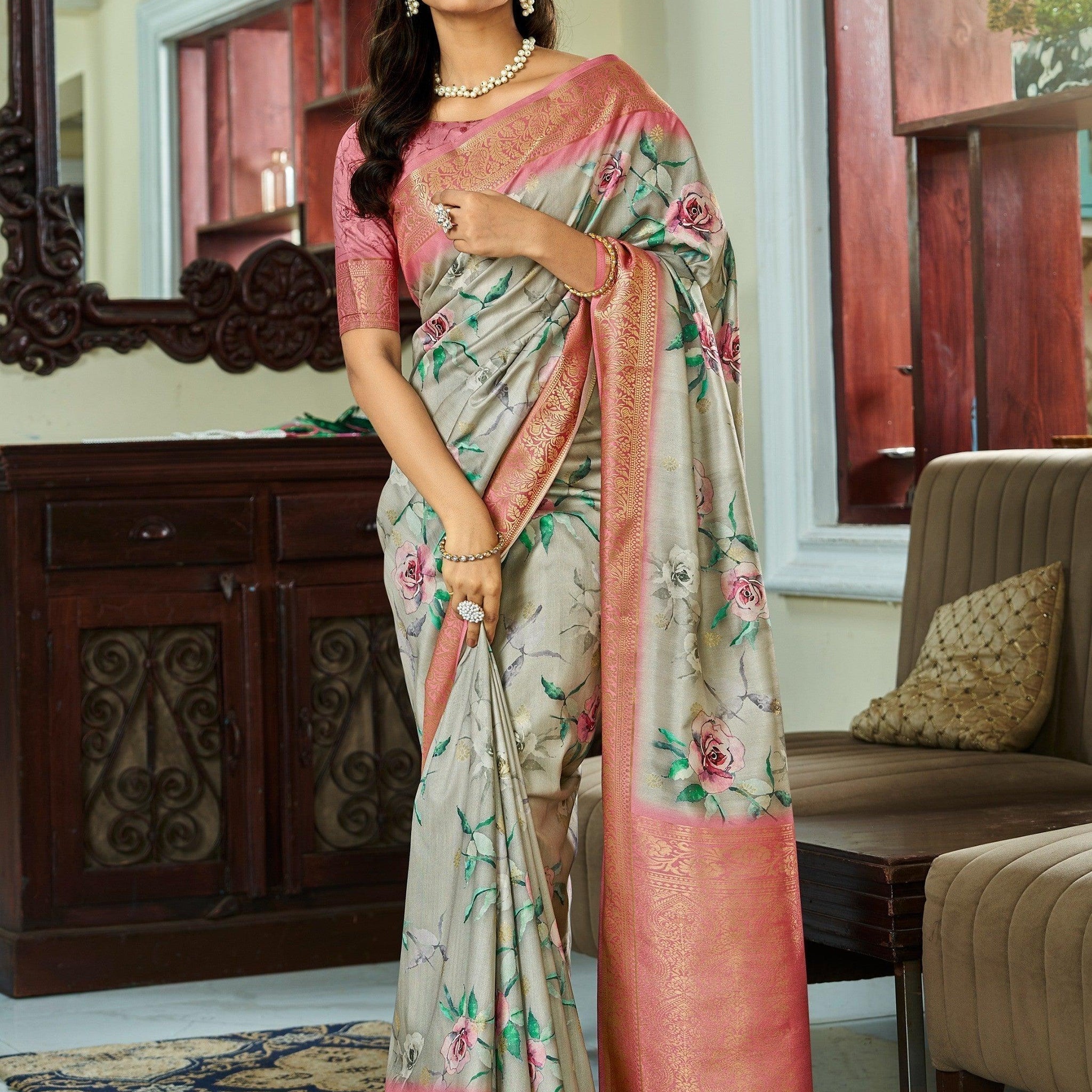 Charming Grey Floral Printed Silk Function Wear Saree With Blouse