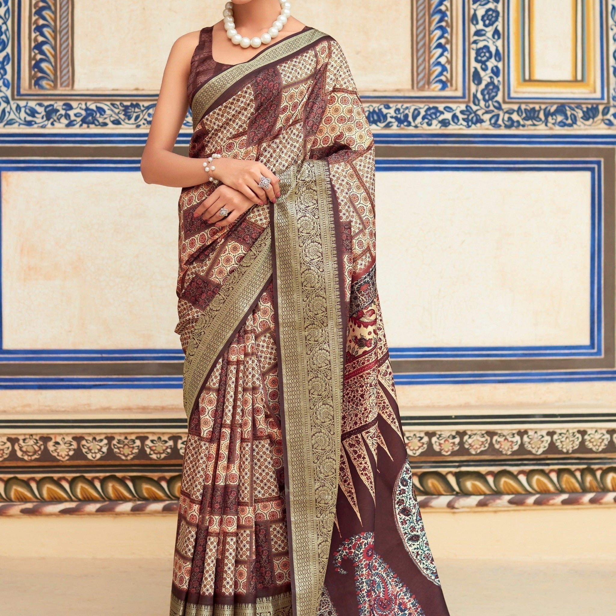 Stunning Brown Digital Printed Silk Festive Wear Saree With Blouse