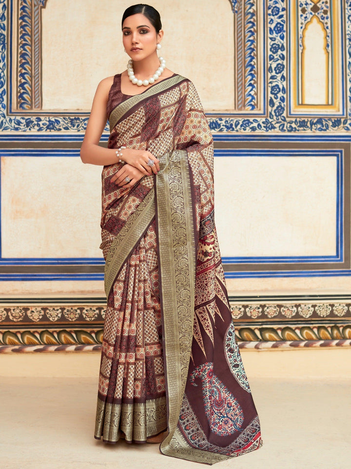 Stunning Brown Digital Printed Silk Festive Wear Saree With Blouse