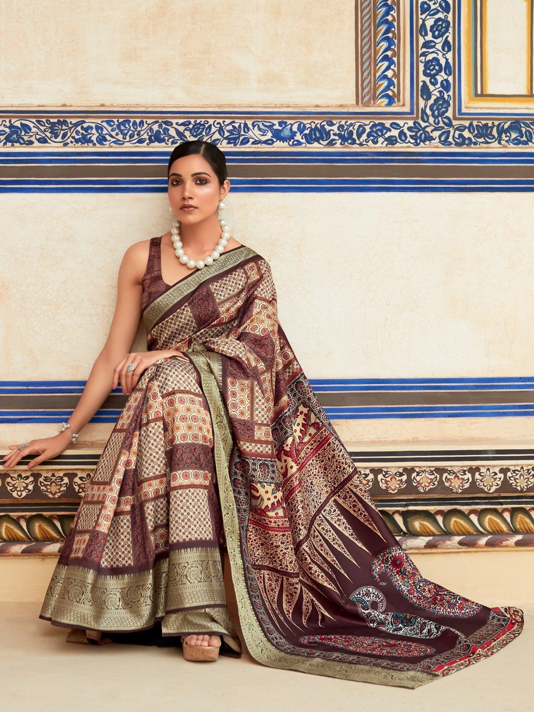 Stunning Brown Digital Printed Silk Festive Wear Saree With Blouse