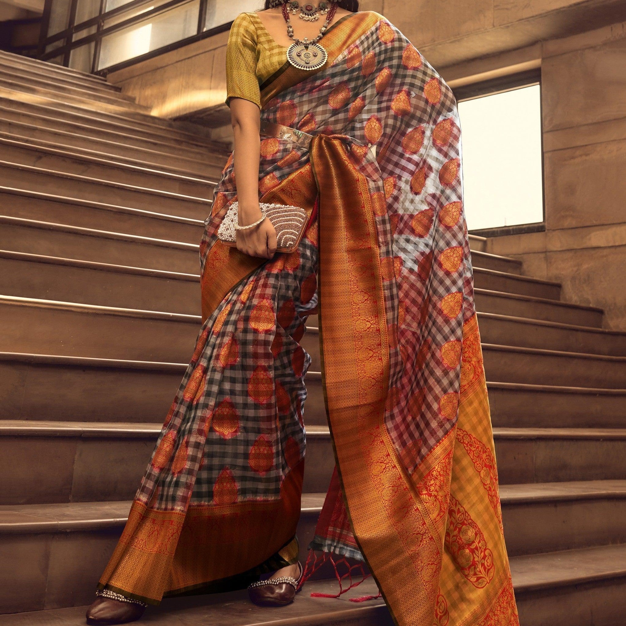 Adorable Orange Handloom Weaving Organza Festive Wear Saree