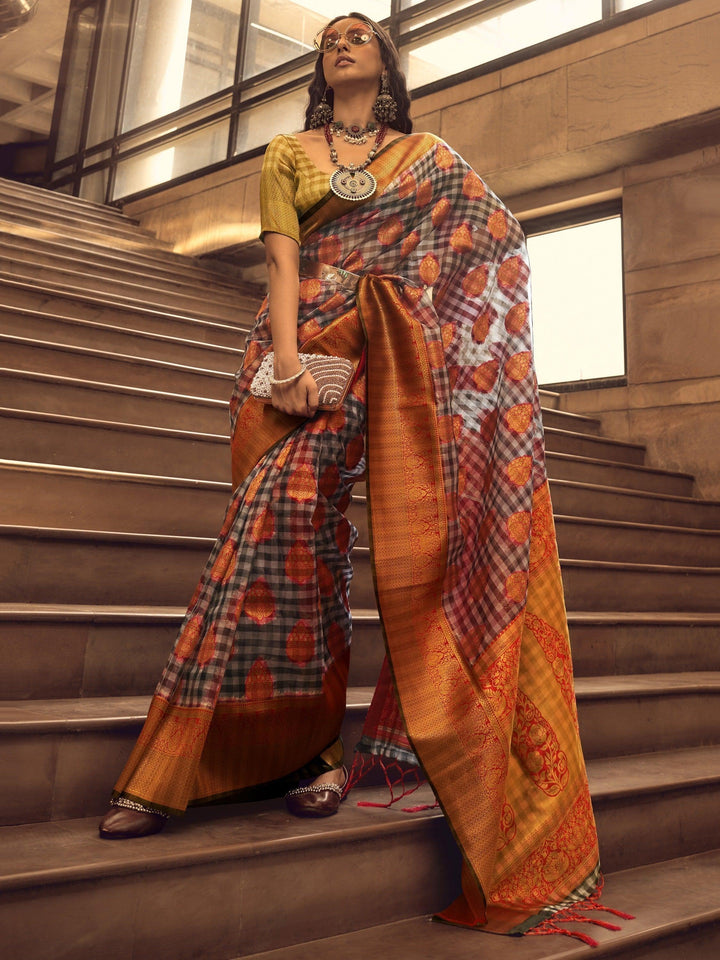 Adorable Orange Handloom Weaving Organza Festive Wear Saree
