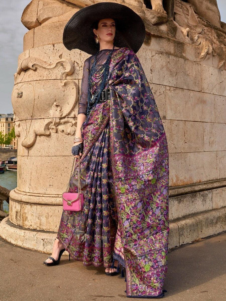 Gorgeous Navy Blue Floral Woven Organza Events Wear Saree With Blouse