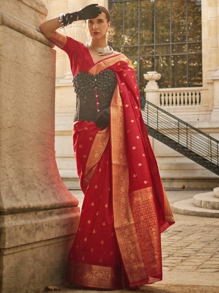 Ravishing Red Zari Weaving Silk Function Wear Saree With Blouse