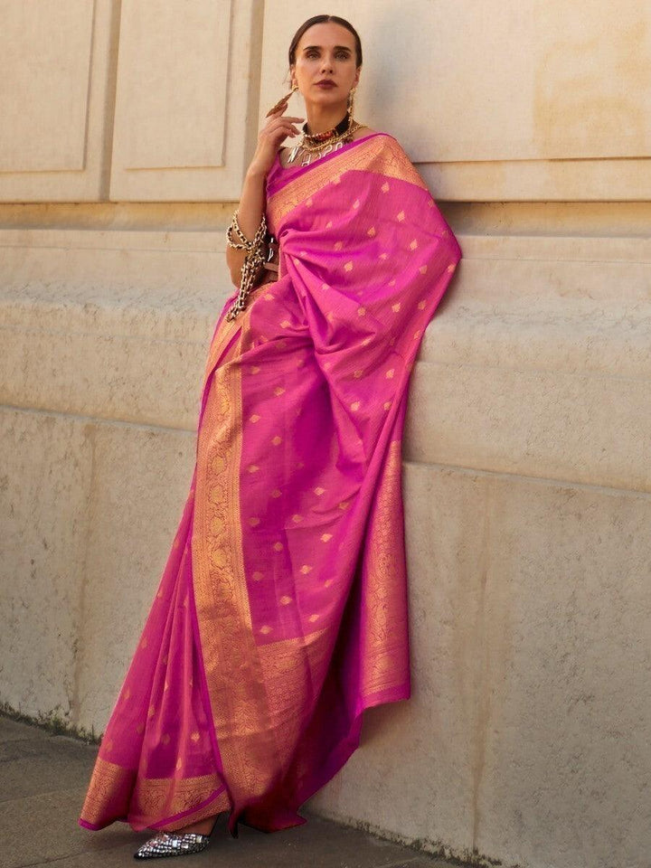 Stunning Pink Zari Weaving Silk Wedding Wear Saree With Blouse