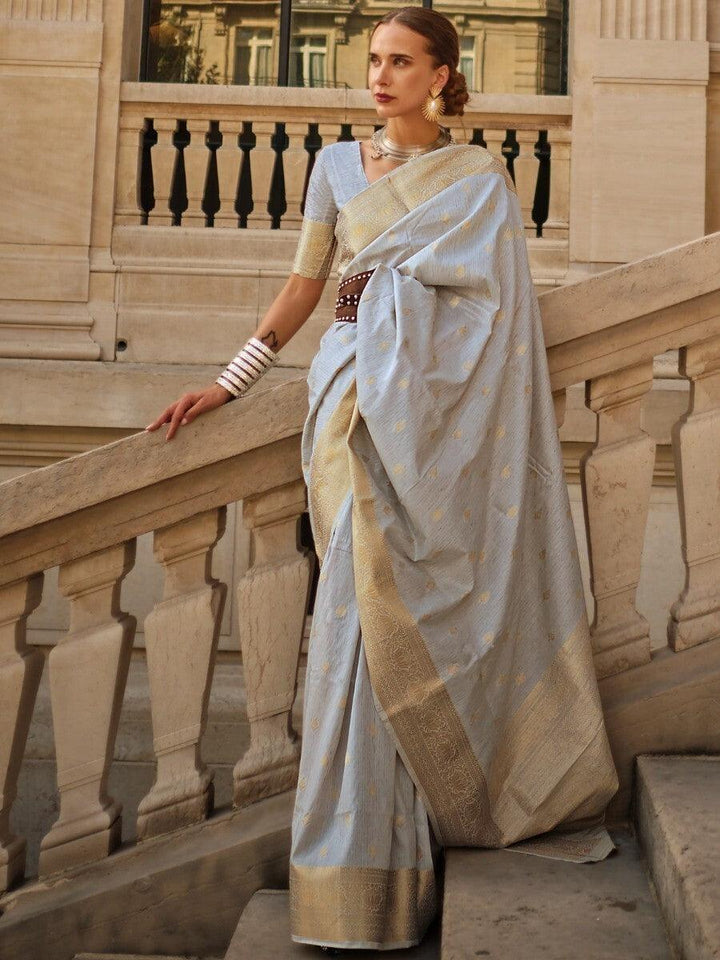 Charming Grey Zari Weaving Silk Party Wear Saree With Blouse
