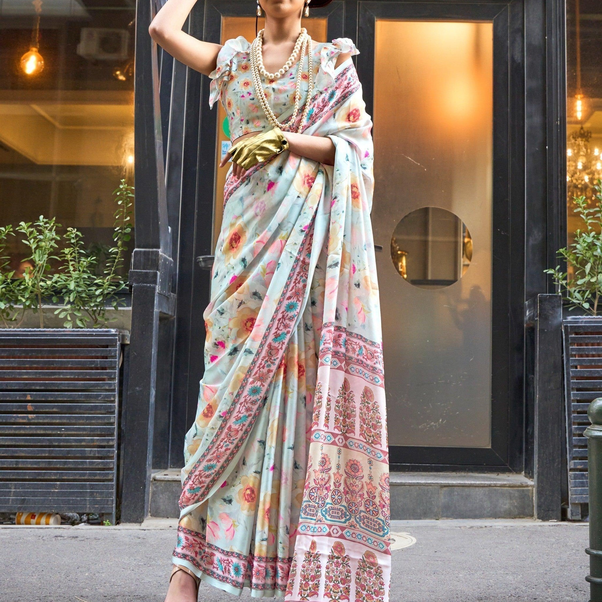 Pretty Light Grey Digital Printed Satin Casual Wear Saree With Blouse
