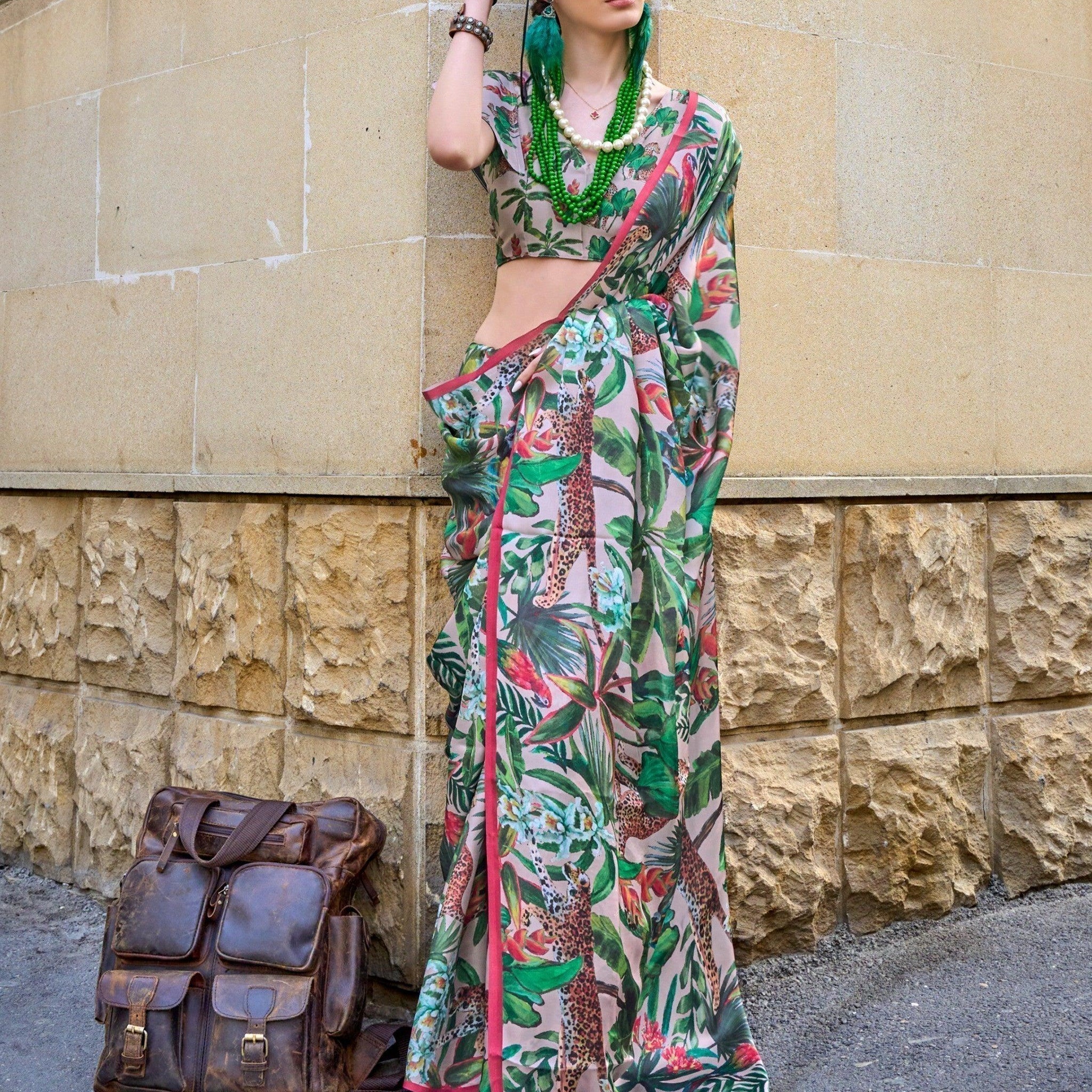 Adorable Pink And Green Digital Printed Satin Saree With Blouse