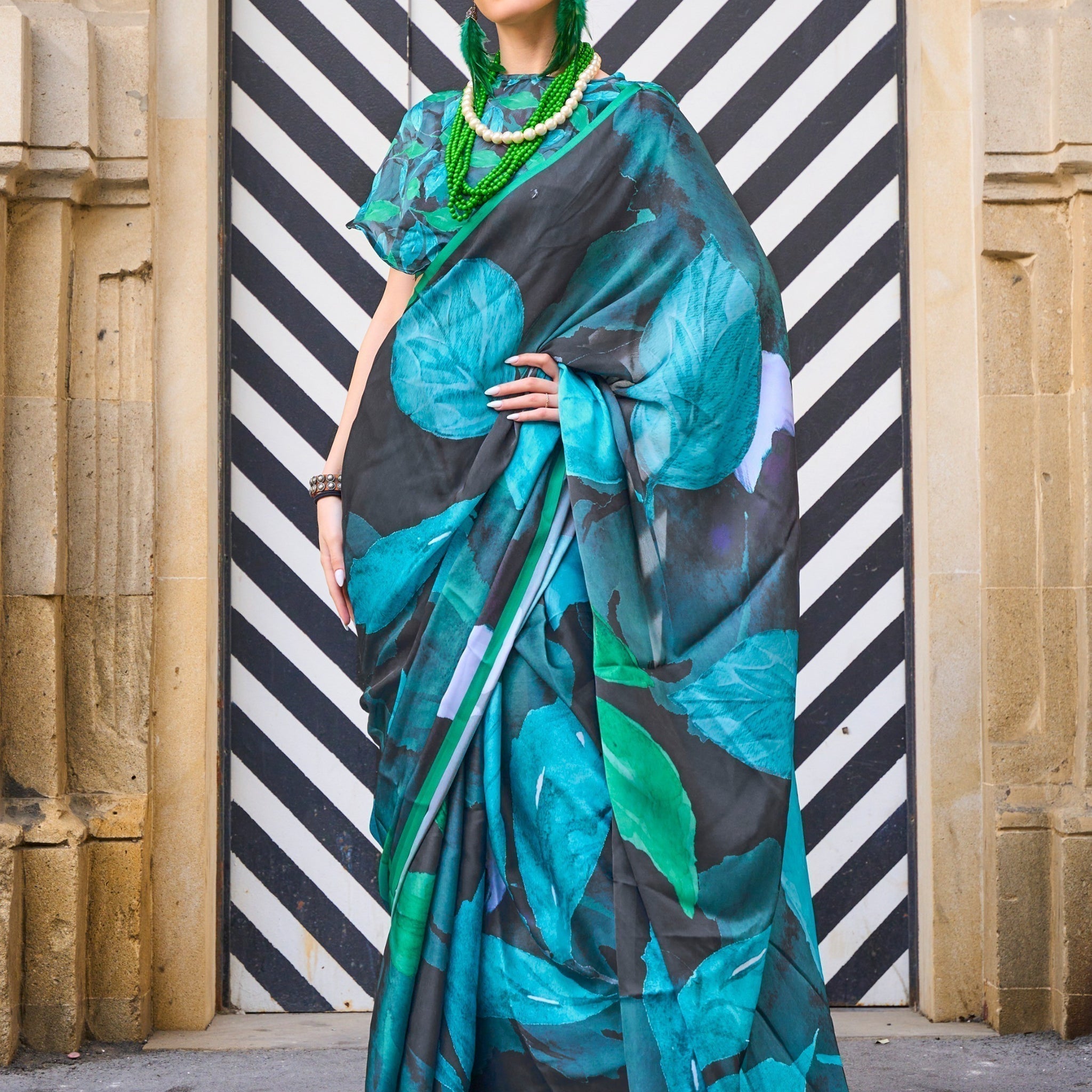 Lovely Black And Blue Digital Printed Satin Party Wear Saree With Blouse