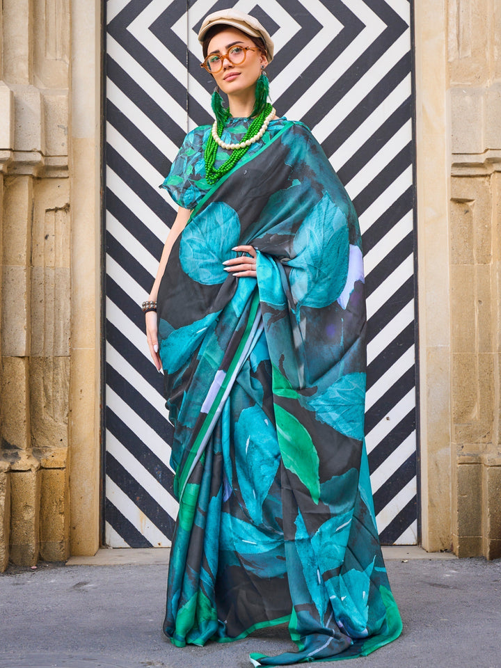 Lovely Black And Blue Digital Printed Satin Party Wear Saree With Blouse