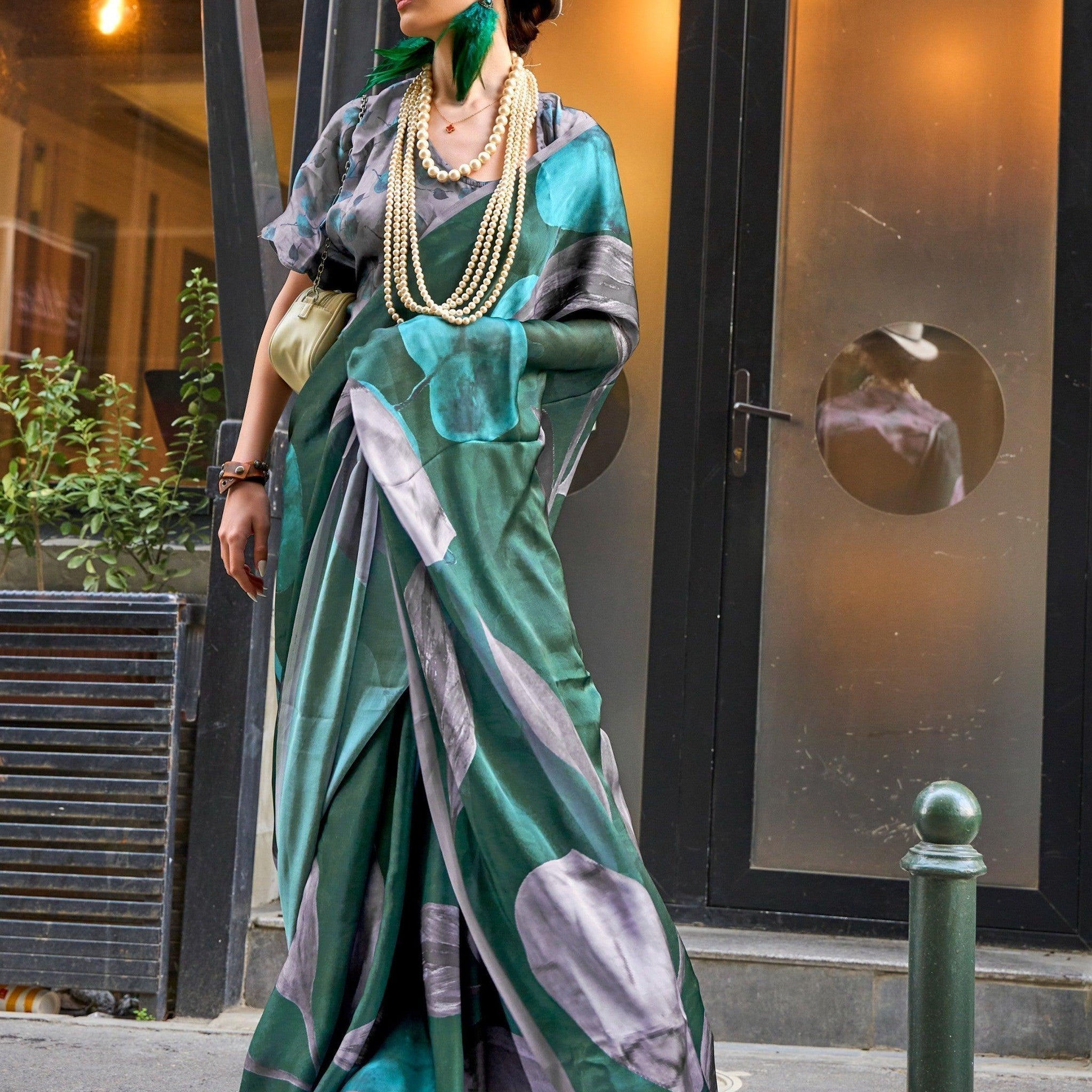 Exquisite Green Digital Printed Satin Festive Wear Saree With Blouse