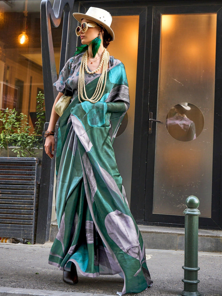Exquisite Green Digital Printed Satin Festive Wear Saree With Blouse