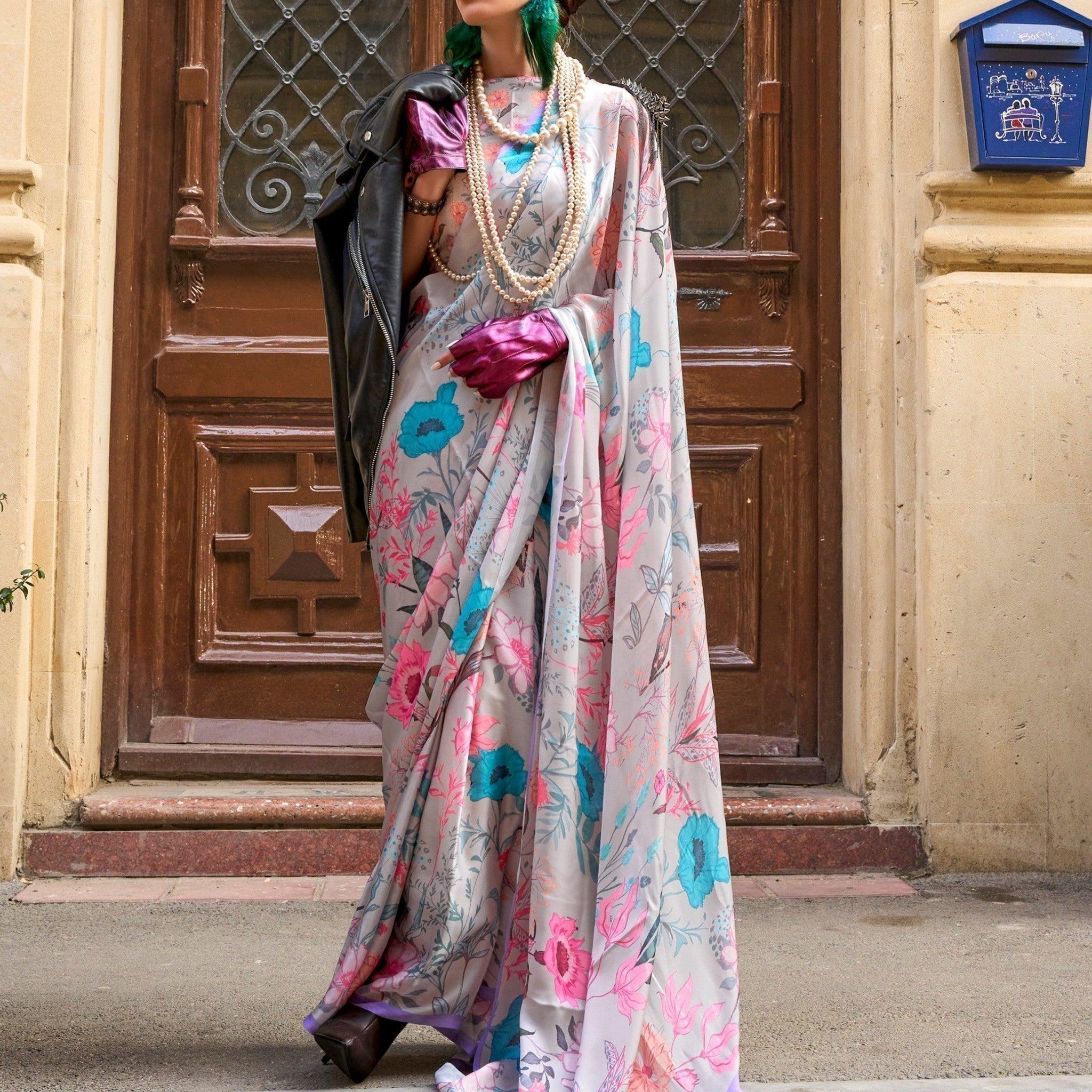 Charming Grey Digital Printed Satin Ocassion Wear Saree With Blouse