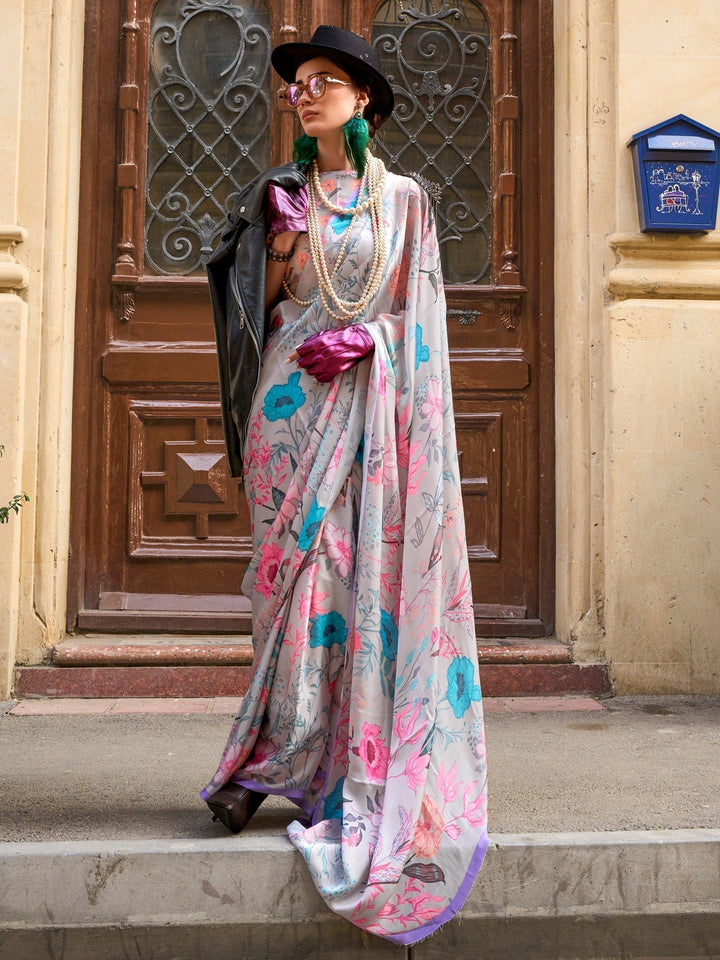 Charming Grey Digital Printed Satin Ocassion Wear Saree With Blouse