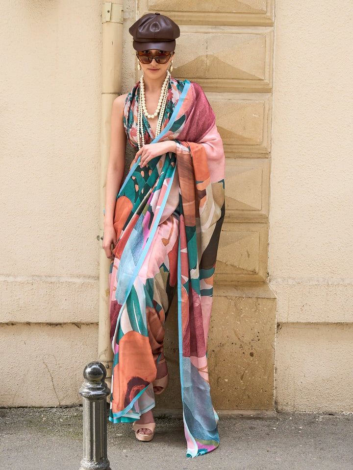 Astonishing Multi-Color Digital Printed Satin Casual Wear Saree