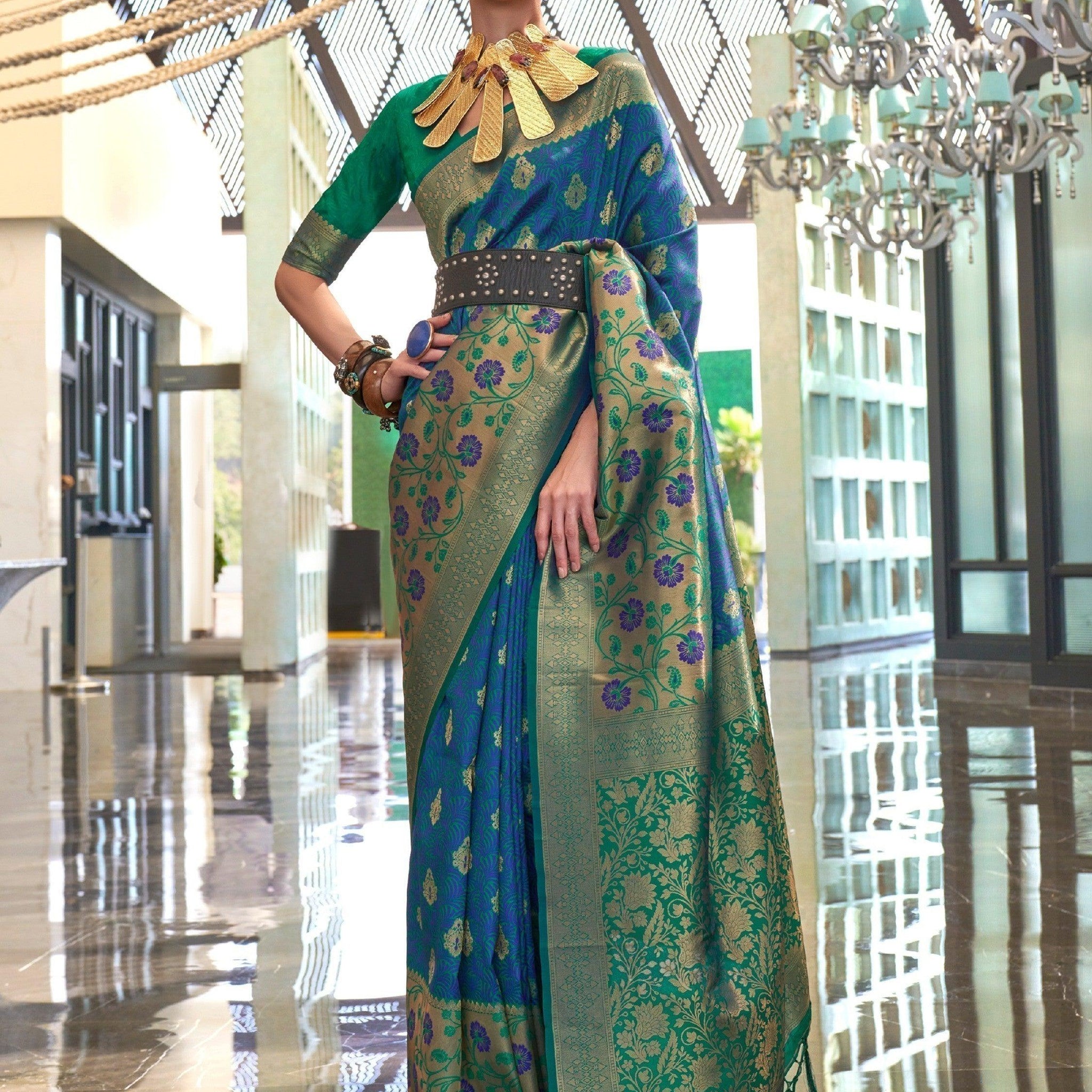 Attractive Blue & Green Handloom Weaving Silk Saree With Blouse