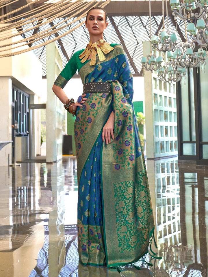 Attractive Blue & Green Handloom Weaving Silk Saree With Blouse