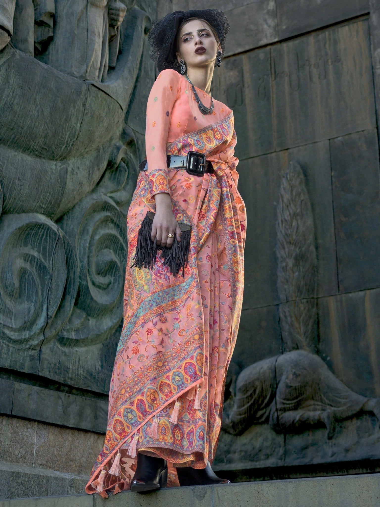 Astonishing Peach Handloom Weaving Silk Saree With Blouse