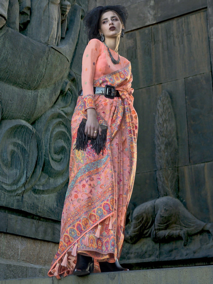 Astonishing Peach Handloom Weaving Silk Saree With Blouse