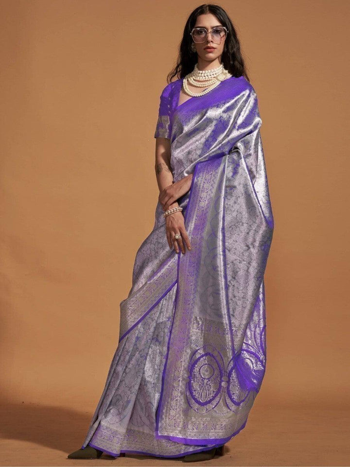 Outlandish Purple Zari Weaving Silk Wedding Wear Saree With Blouse