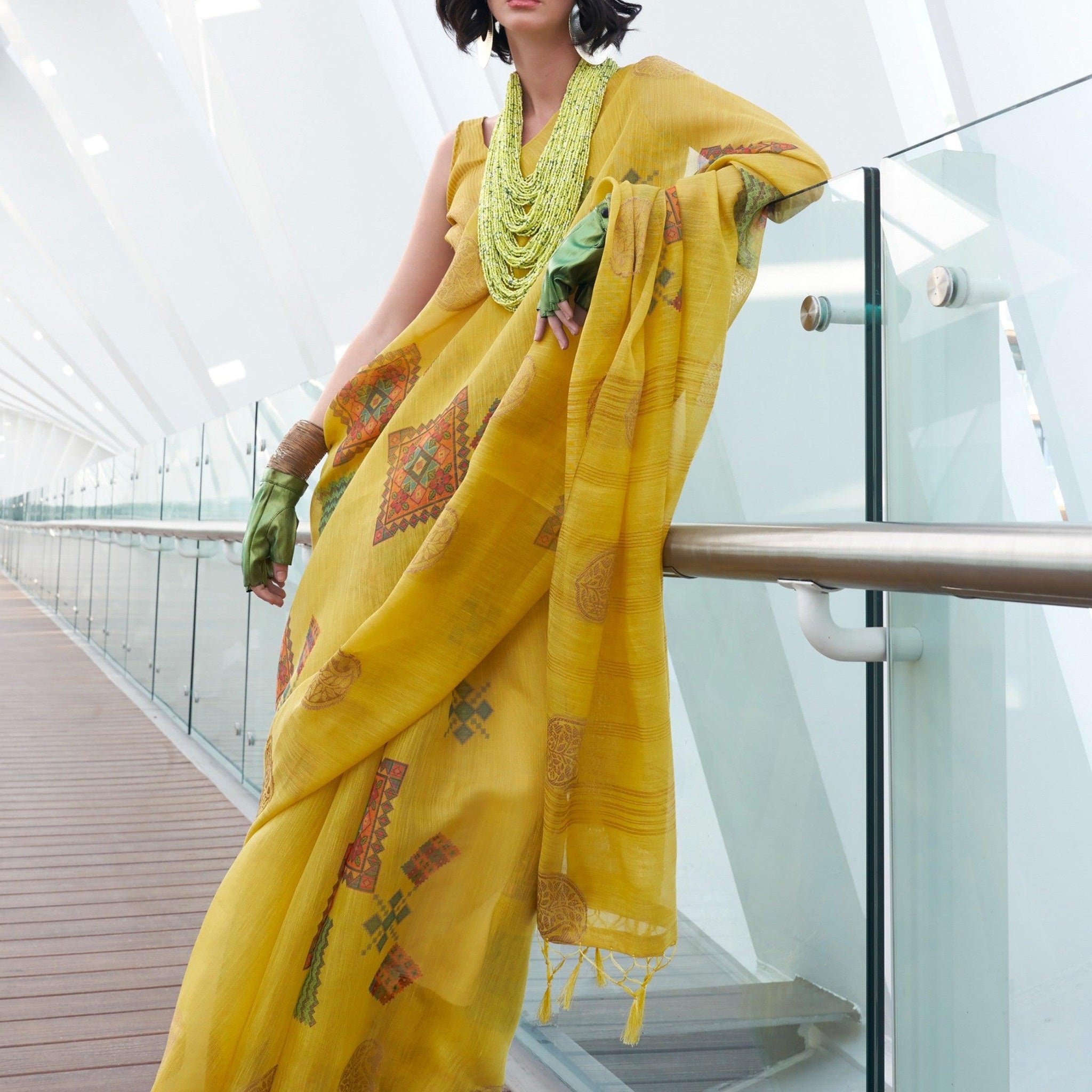 Beautiful Yellow Zari Work Tissue Festive Wear Saree With Blouse