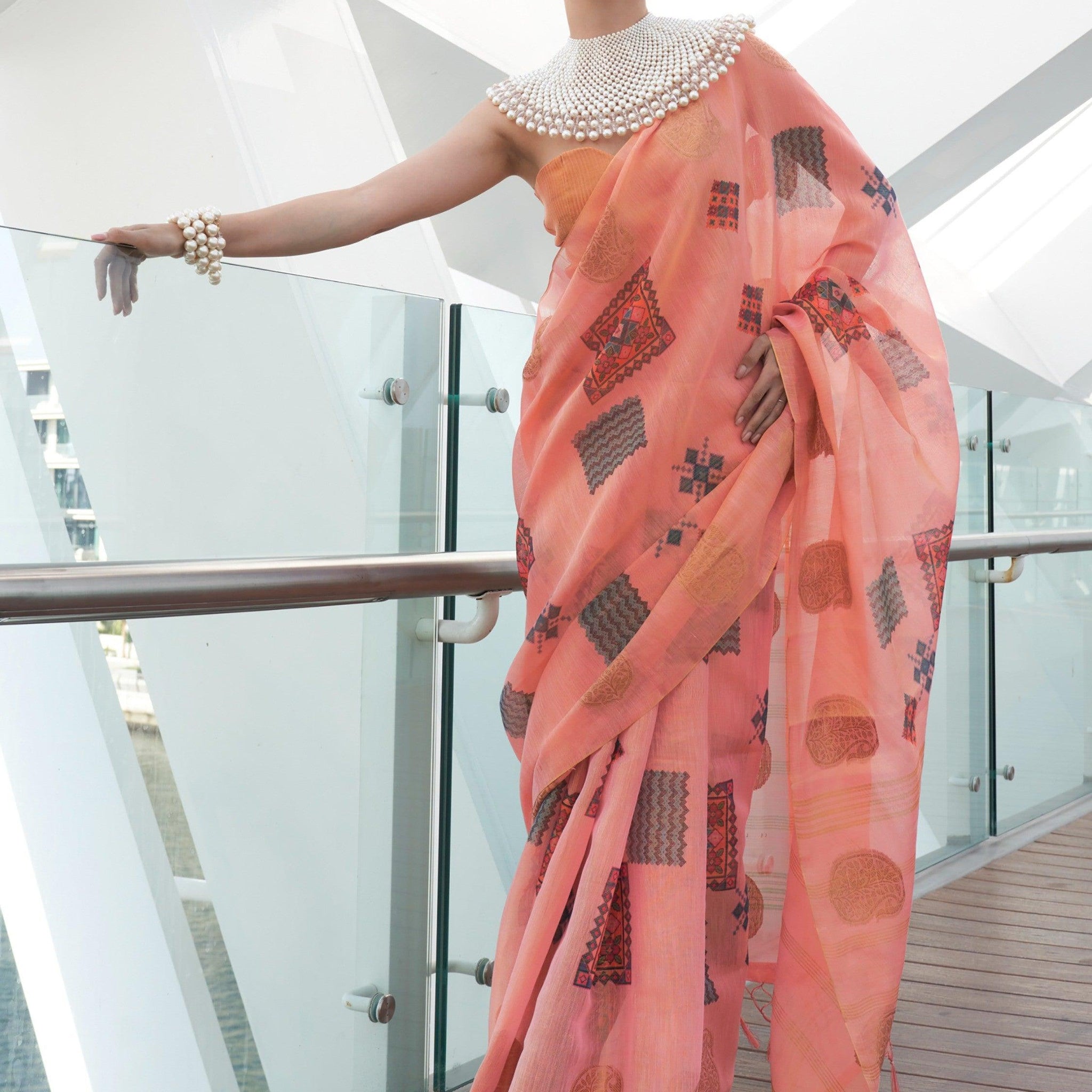 Stunning Peach Zari Work Tissue Events Wear Saree With Blouse