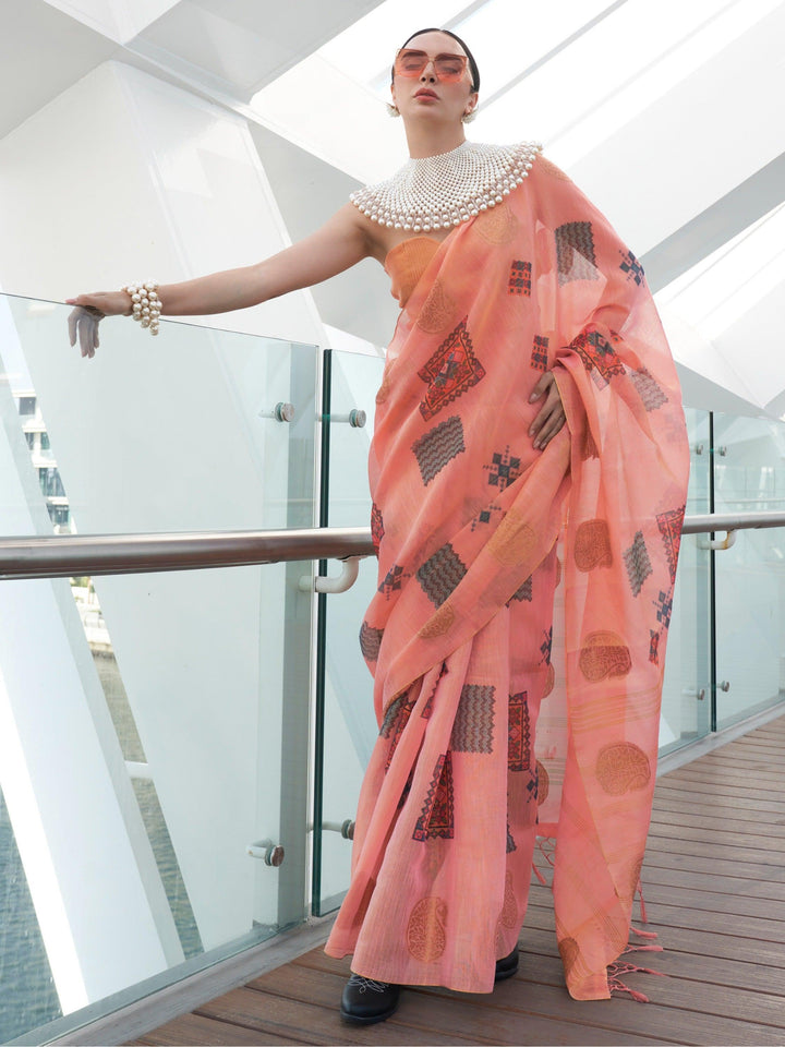 Stunning Peach Zari Work Tissue Events Wear Saree With Blouse