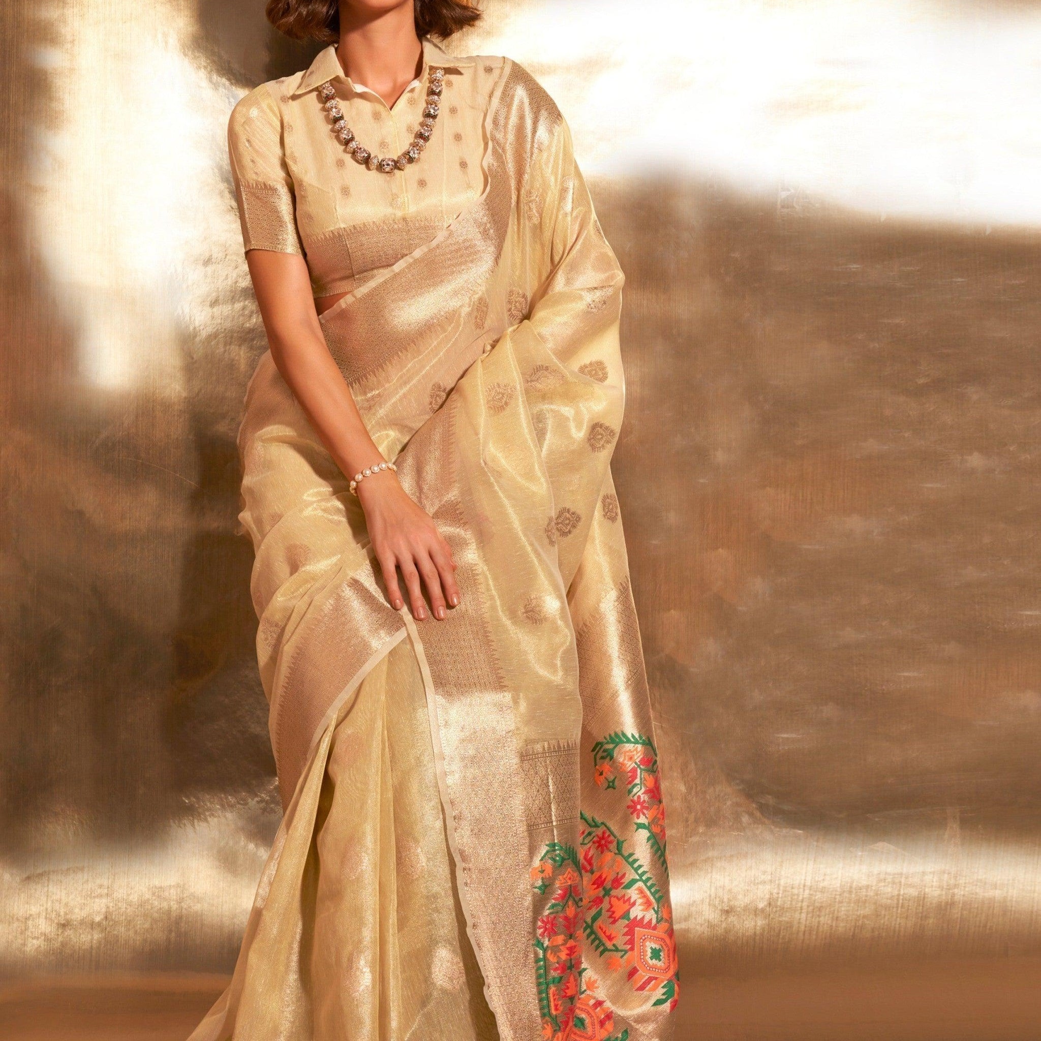 Charming Golden Handwoven Tissue Silk Party Wear Saree