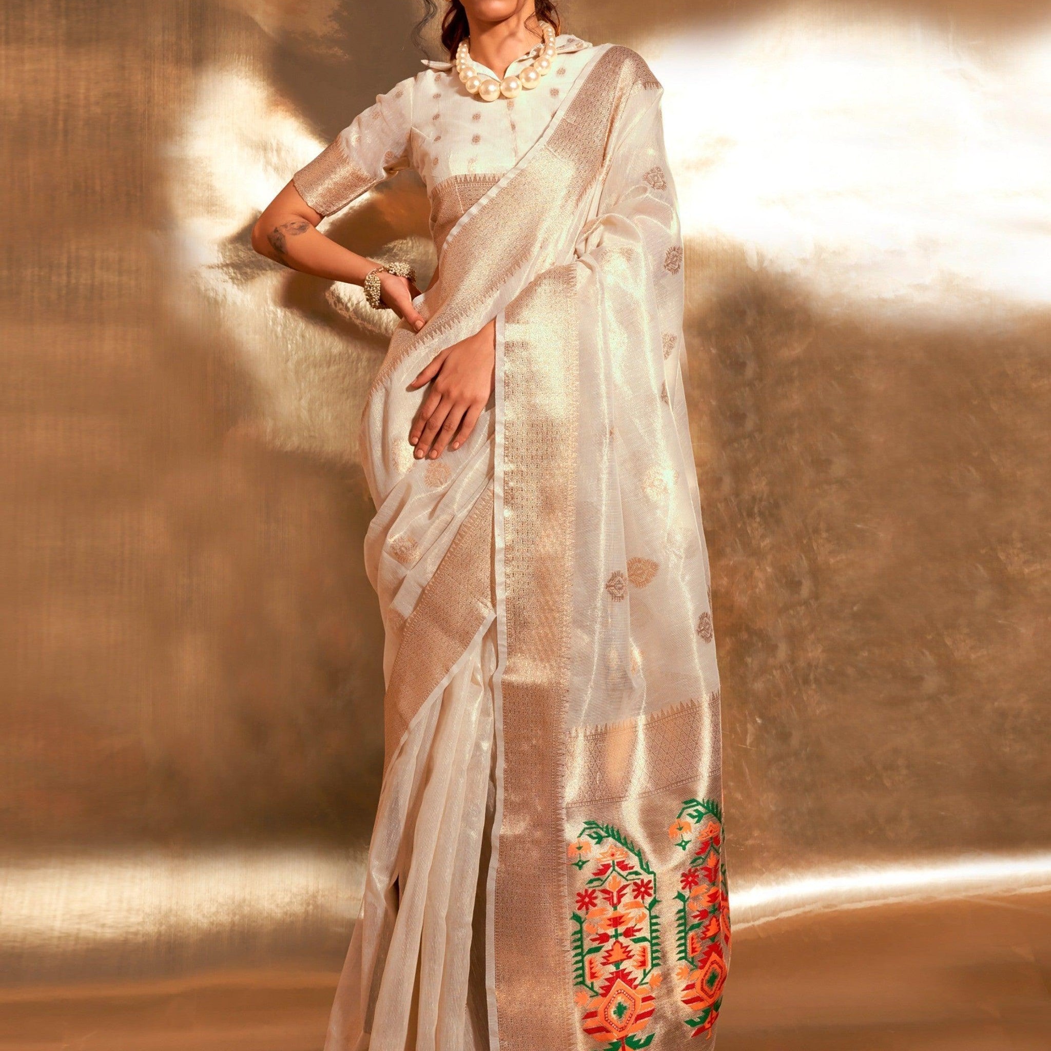 Adorable Off-White Handwoven Tissue Silk Events Wear Saree