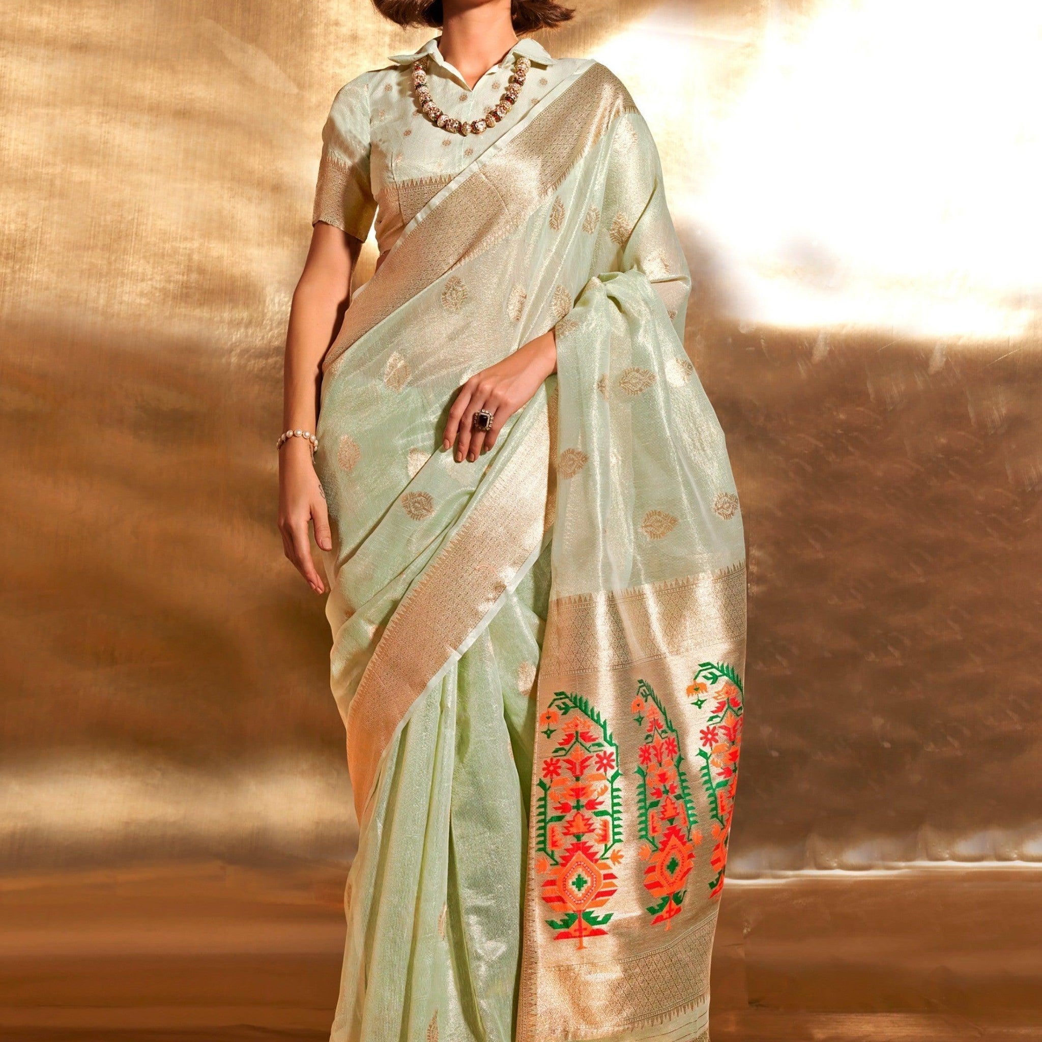 Attractive Green Handwoven Tissue Silk Saree With Blouse