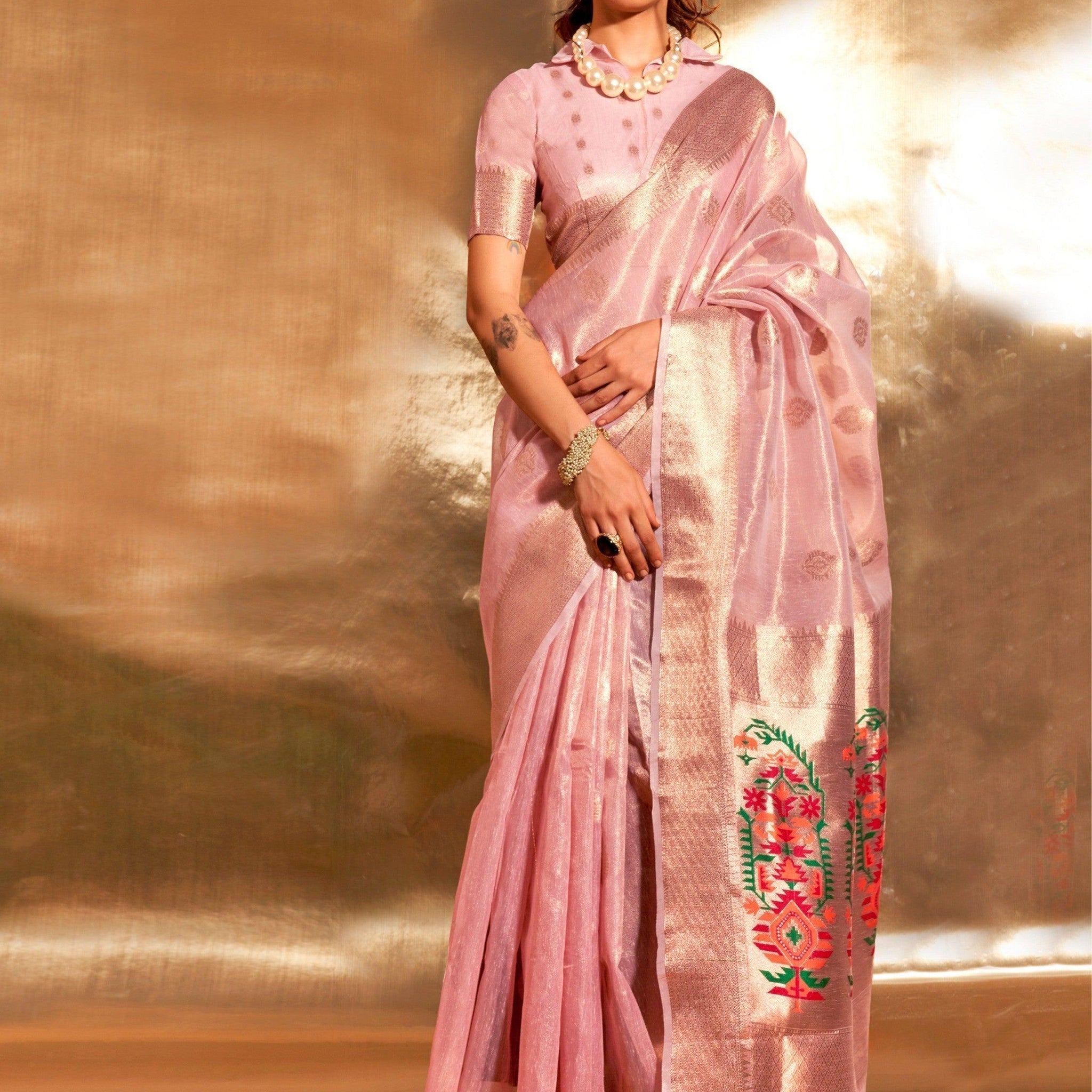 Stunning Pink Handwoven Tissue Silk Festive Wear Saree