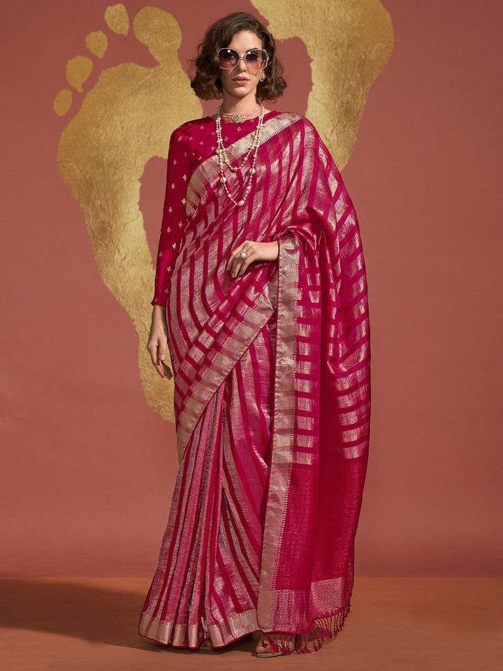 Attractive Rani Pink Handloom Weaving Viscose Function Wear Saree