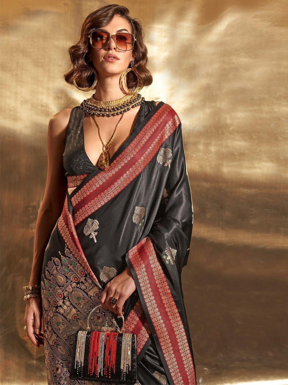 Gorgeous Black Handloom Weaving Satin Party Wear Saree