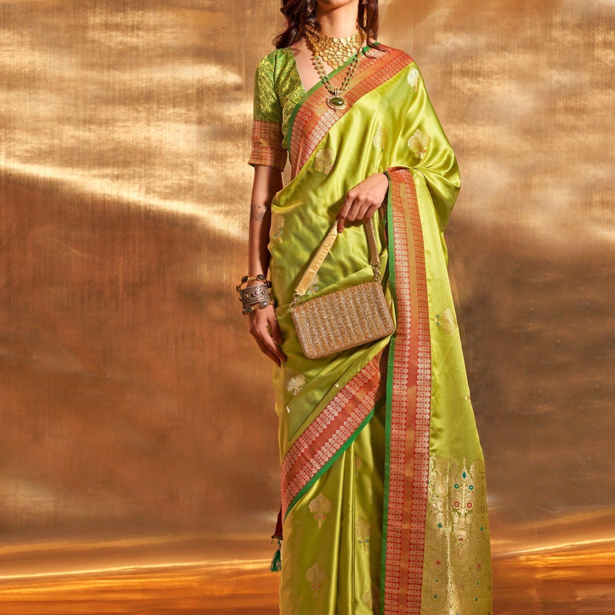 Beautiful Green Handloom Weaving Satin Sangeet Wear Saree