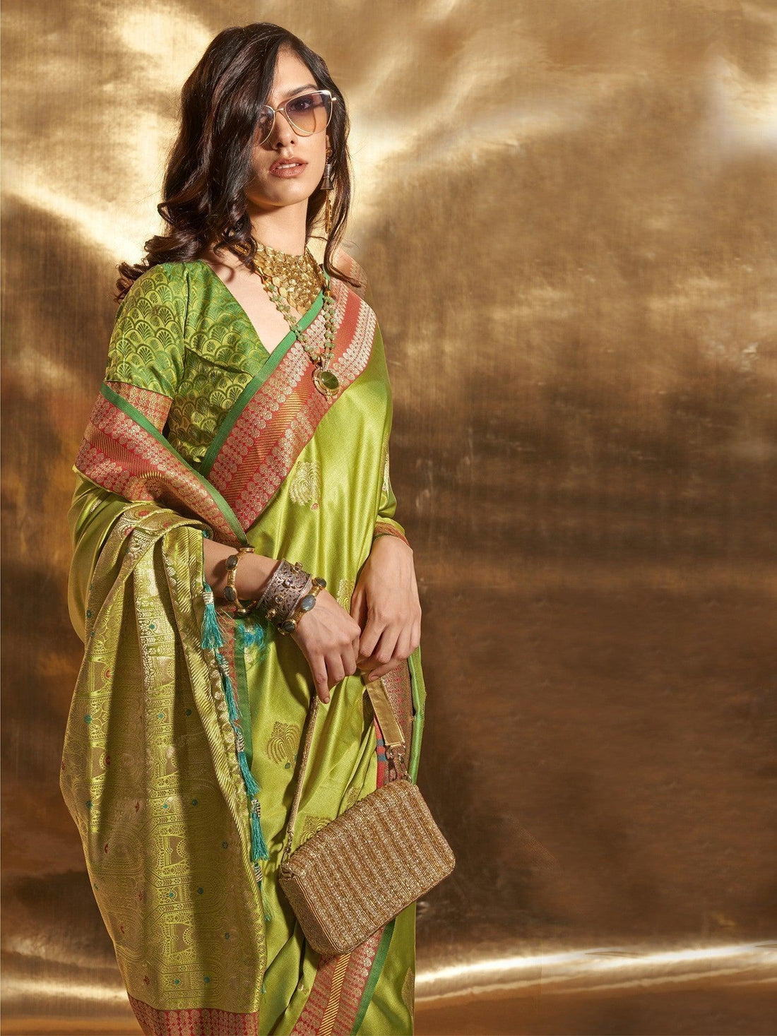 Beautiful Green Handloom Weaving Satin Sangeet Wear Saree