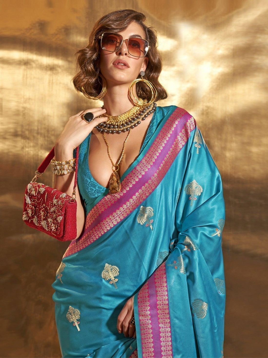 Attractive Sky-Blue Handloom Weaving Satin Saree With Blouse