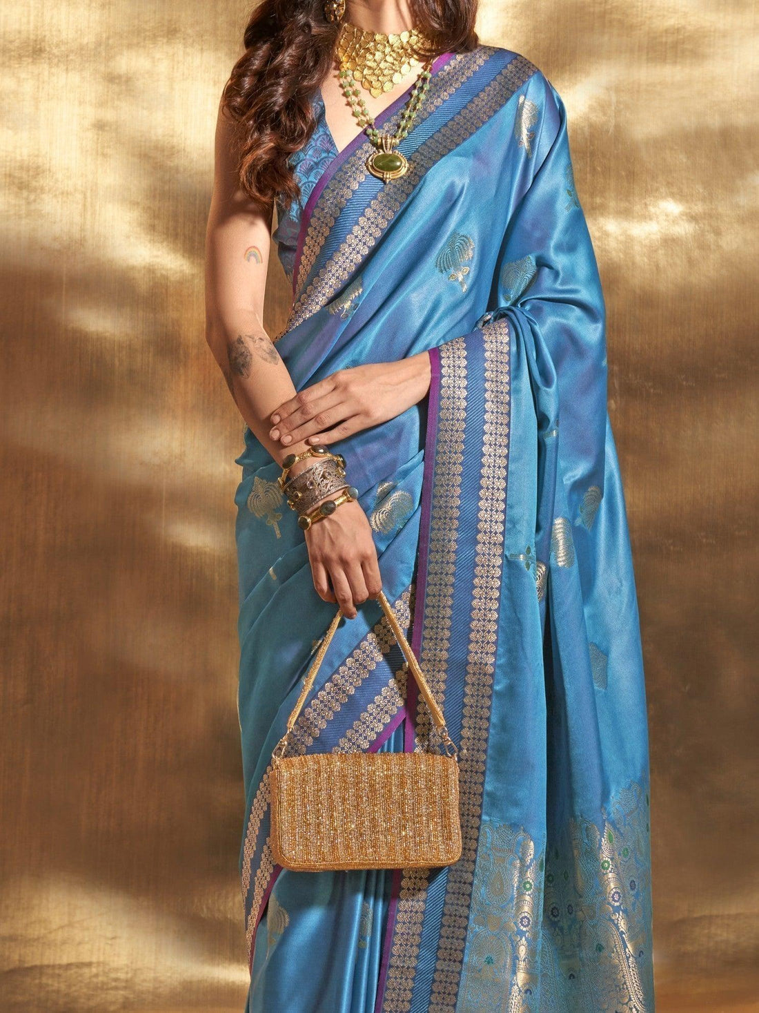 Superb Blue Handloom Weaving Satin Festive Wear Saree With Blouse