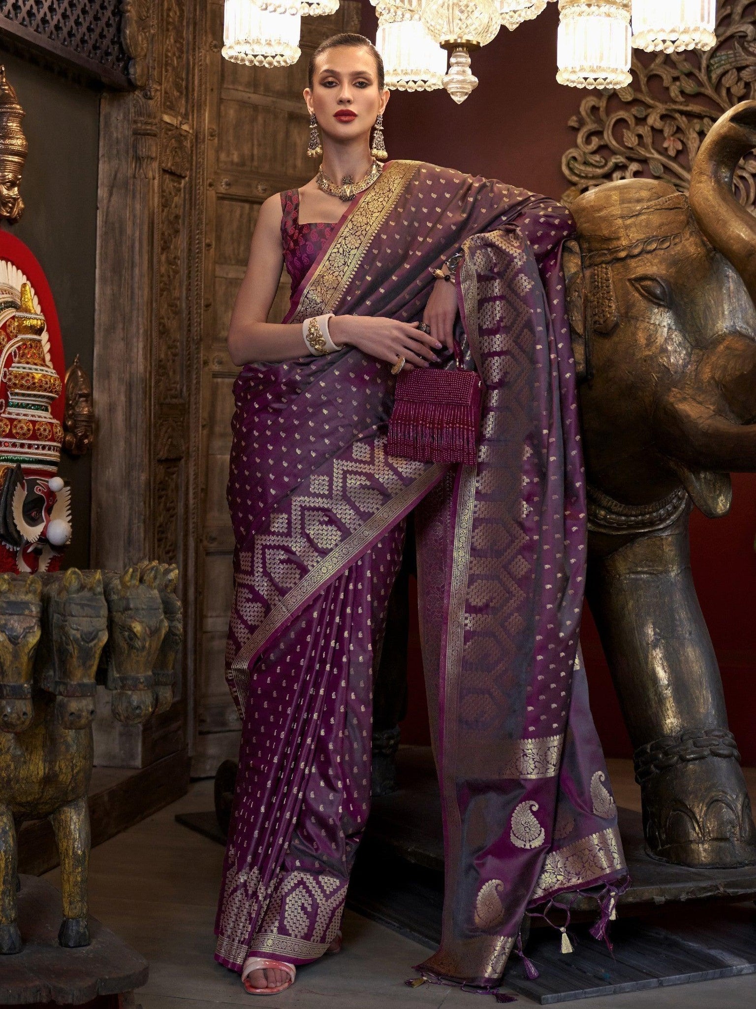 Spectacular Purple Handloom Weaving Satin Festive Wear Saree