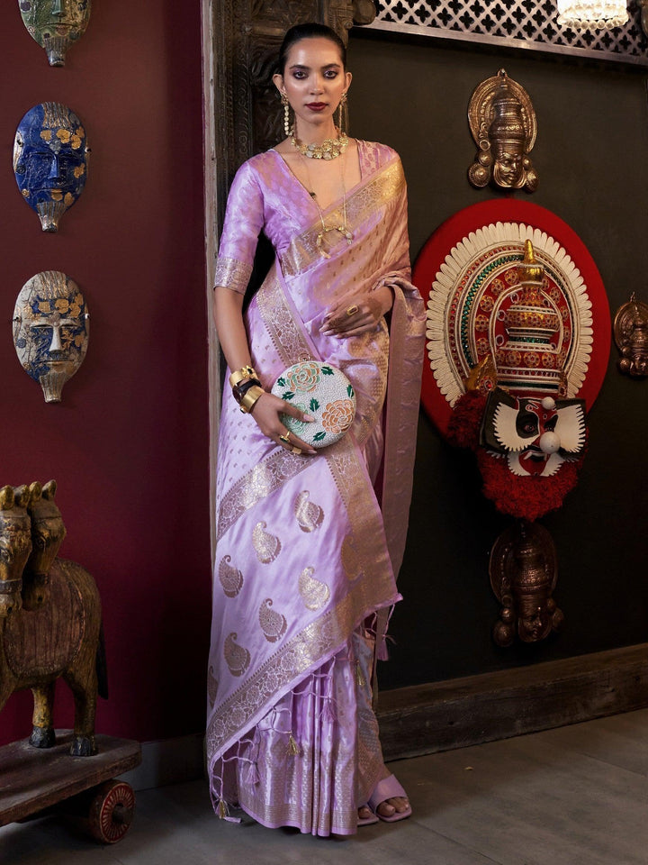 Enchanting Lavender Handloom Weaving Satin Saree With Blouse