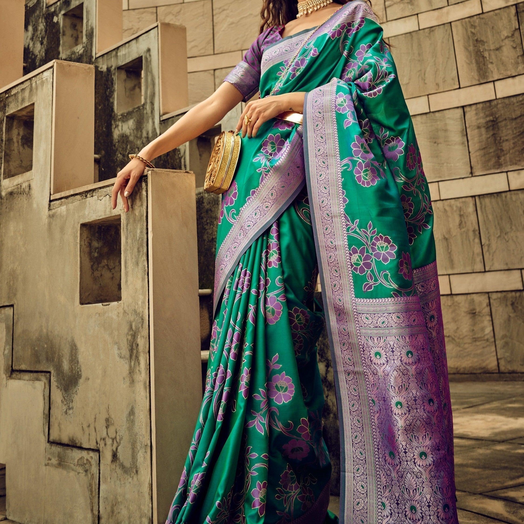 Exquisite Green Thread Weaving Satin Traditional Saree With Blouse