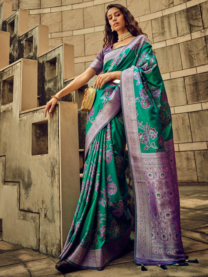 Exquisite Green Thread Weaving Satin Traditional Saree With Blouse