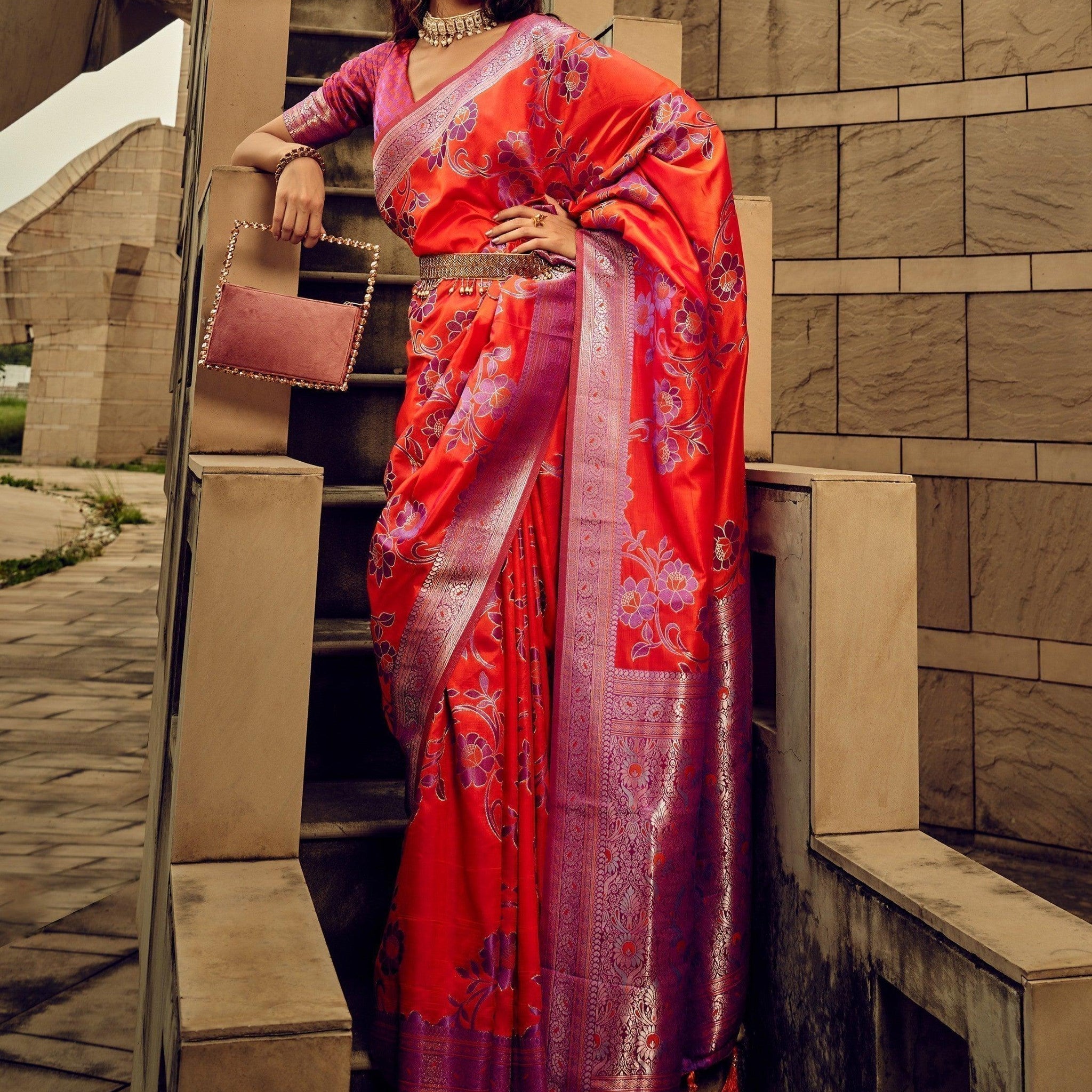 Lovely Orange Zari Weaving Satin Reception Wear Saree With Blouse