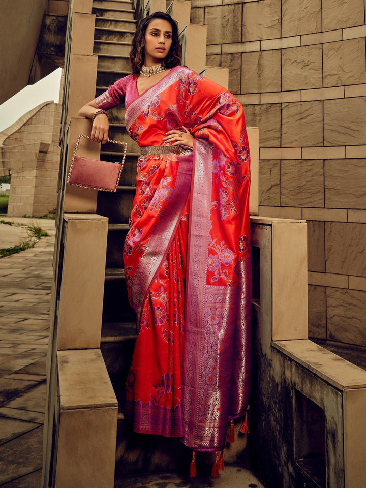 Lovely Orange Zari Weaving Satin Reception Wear Saree With Blouse