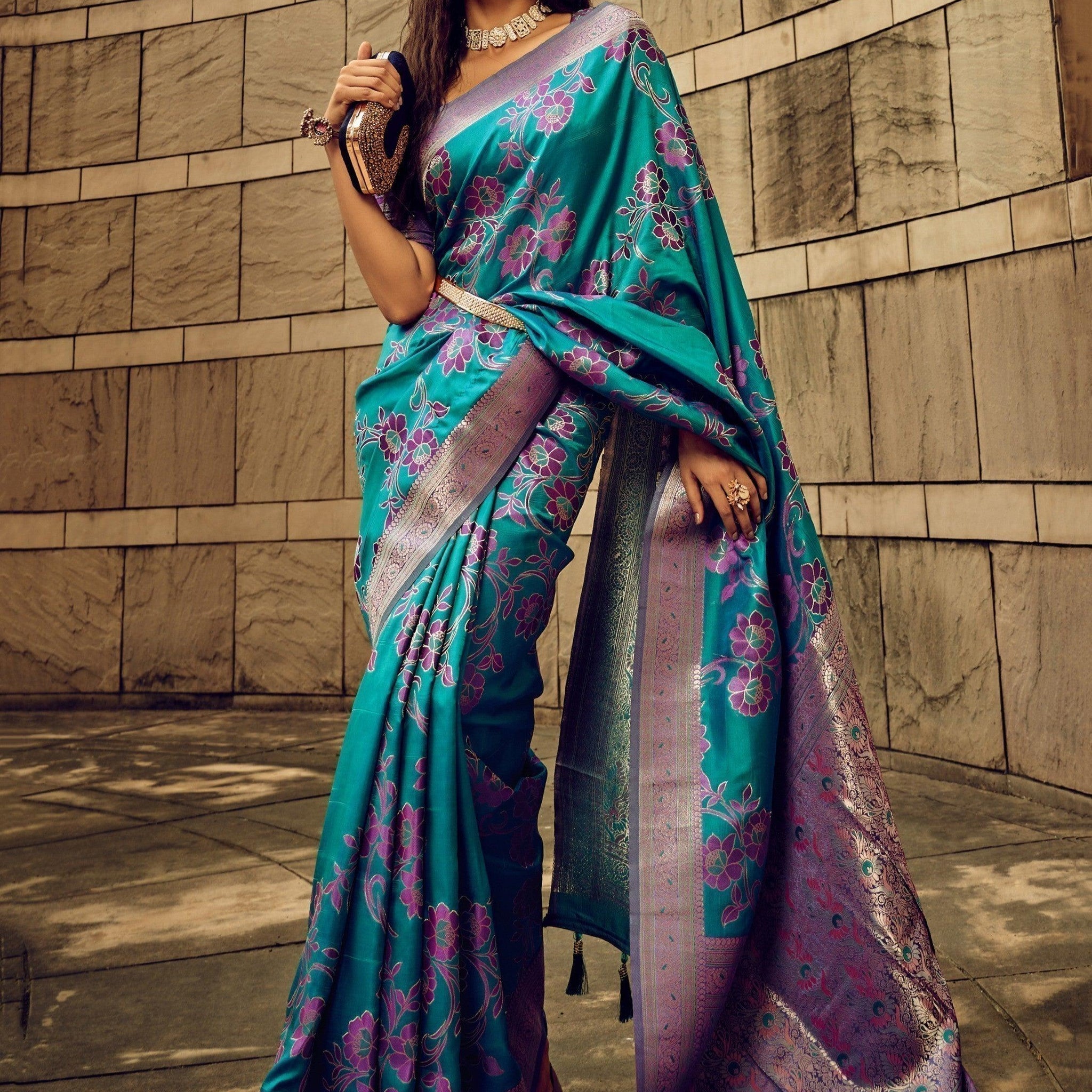 Beautiful Blue Zari Weaving Satin Events Wear Saree With Blouse