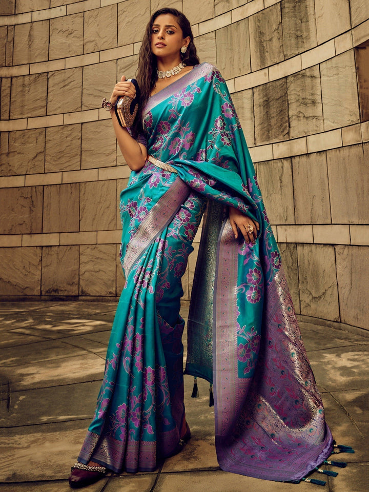 Beautiful Blue Zari Weaving Satin Events Wear Saree With Blouse